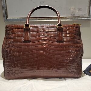 Prada Brown Croc-Embossed Leather Top-Handle Tote with Gold Hardware